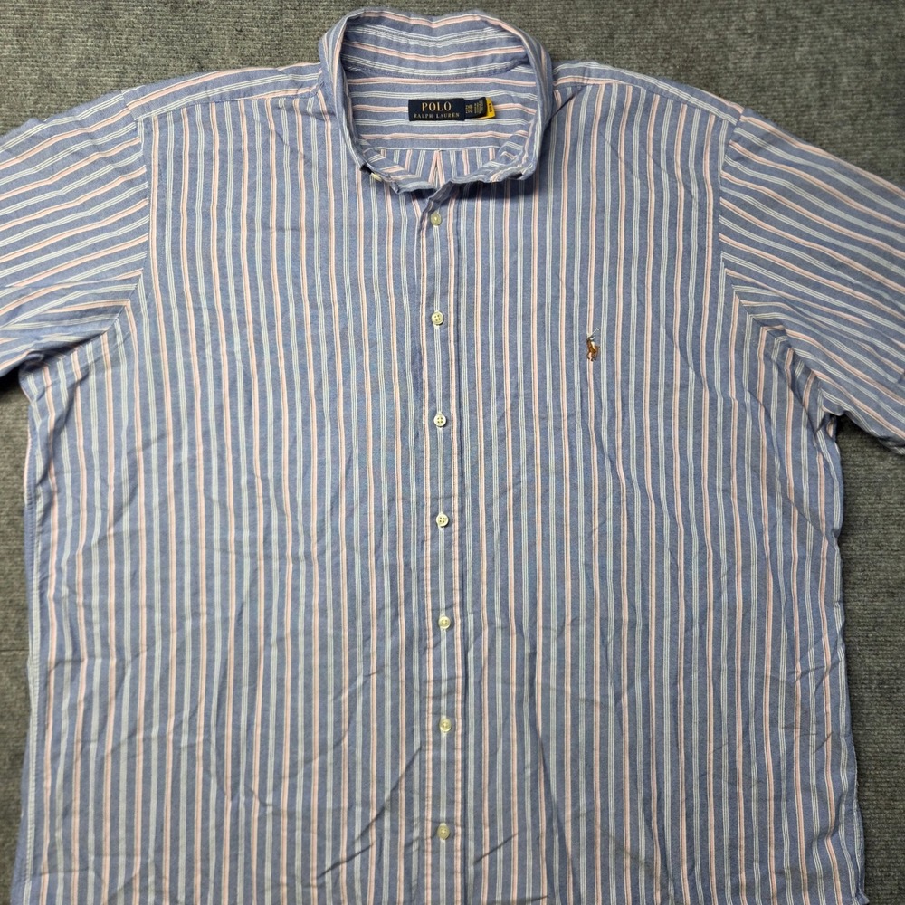 Polo Ralph Lauren Mens 2XB Blue Pink Striped Short Sleeve Button Down Shirt